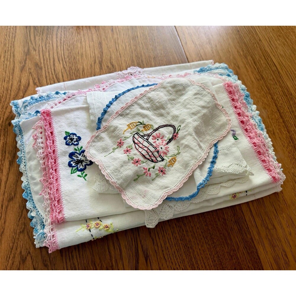 Handmade Linen Embroidered Table Runner Lot Crochet Lace Trim Floral Pink Blue